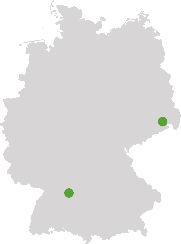 Deutschlandkarte mit hervorgehobenen Standorten von Waiblingen in Baden-Württemberg und Neustadt in Sachsen